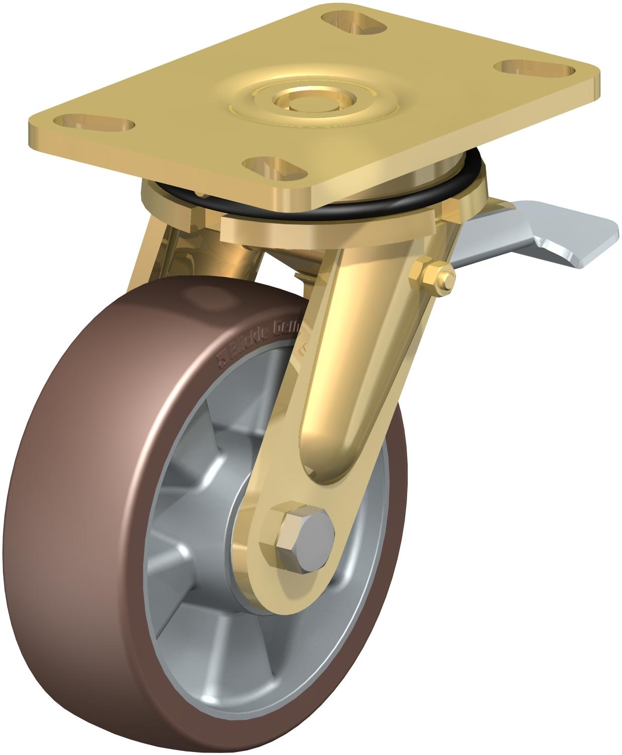 Extra Heavy Duty Top Plate Casters - Swivel, Ball Bearing, Blickle Besthane Brown Polyurethane Tread On Aluminum Core Wheel, Stop-Top Brake