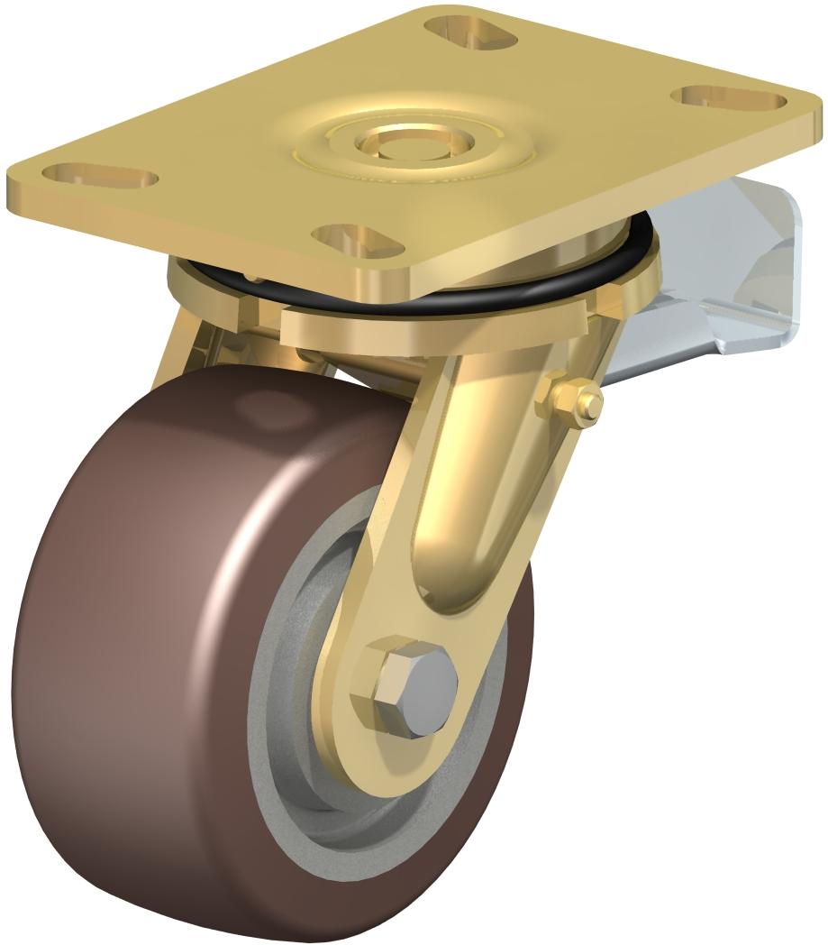 Extra Heavy Duty Top Plate Casters - Swivel, Ball Bearing, Blickle Besthane Brown Polyurethane Tread On Cast Iron Core Wheel, Stop-Top Brake LS-GB 200K-16-ST