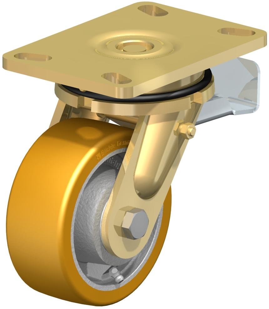 Extra Heavy Duty Top Plate Casters - Swivel, Ball Bearing, Blickle Extrathane Yellow Polyurethane Tread On Cast Iron Core Wheel, Stop-Top Brake