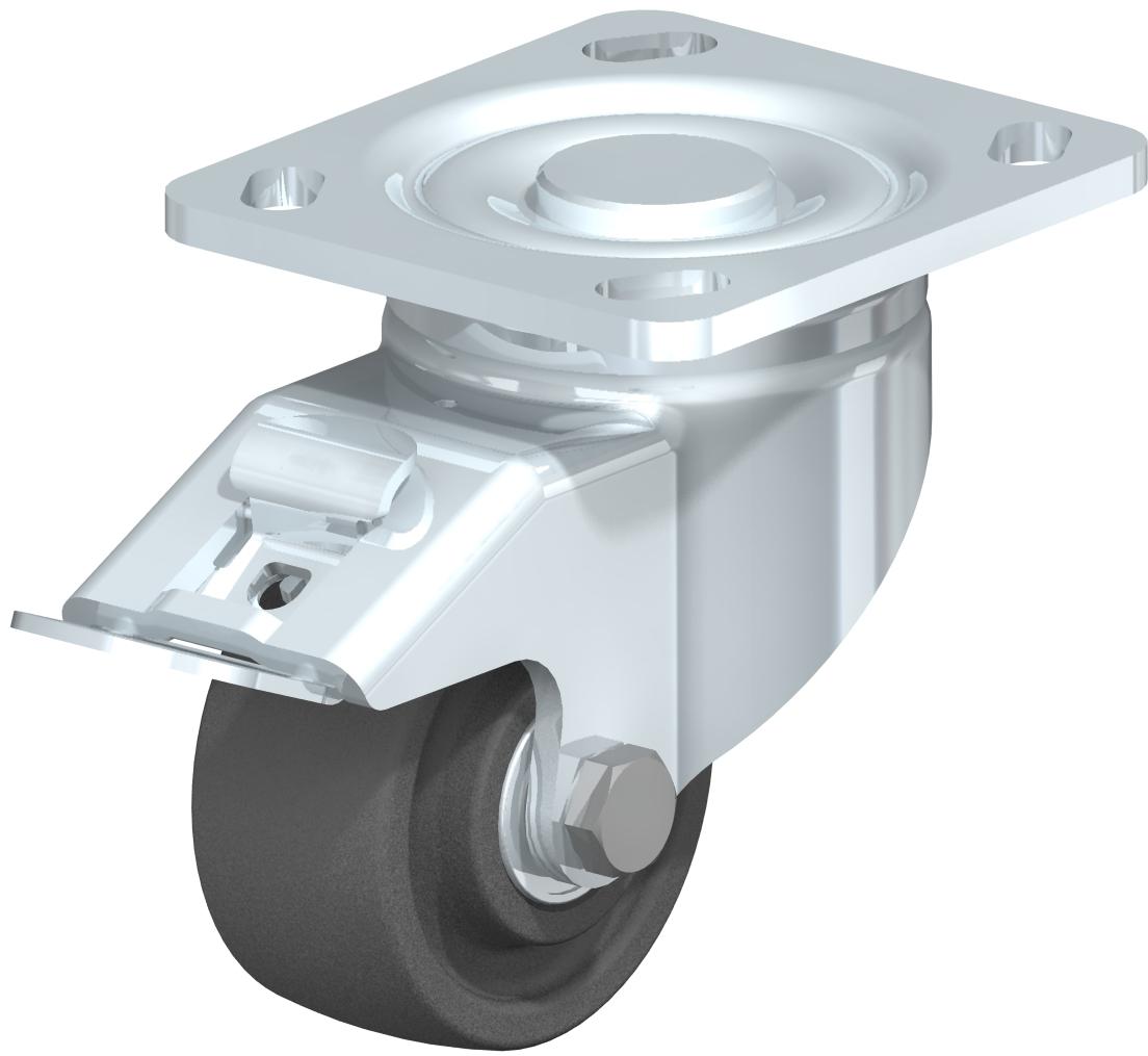 Heavy Duty Industrial Small Top Plate Casters - Swivel, Ball Bearing, Impact Resistant Extra Heavy Gray Nylon Wheel, Stop-Fix Brake