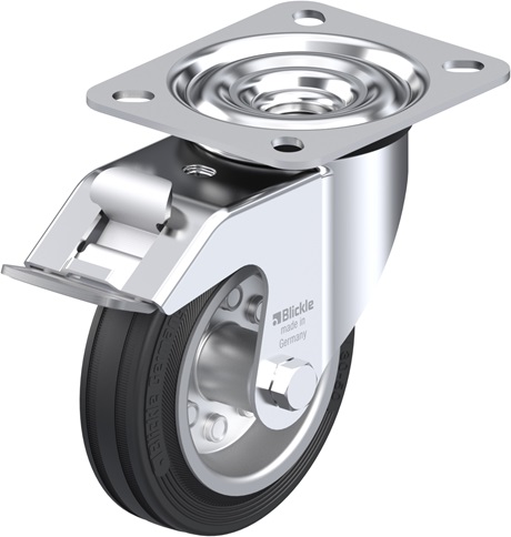 Medium Duty Top Plate Casters - Swivel, With brake system 'stop-fix', wheel, pressed steel rim