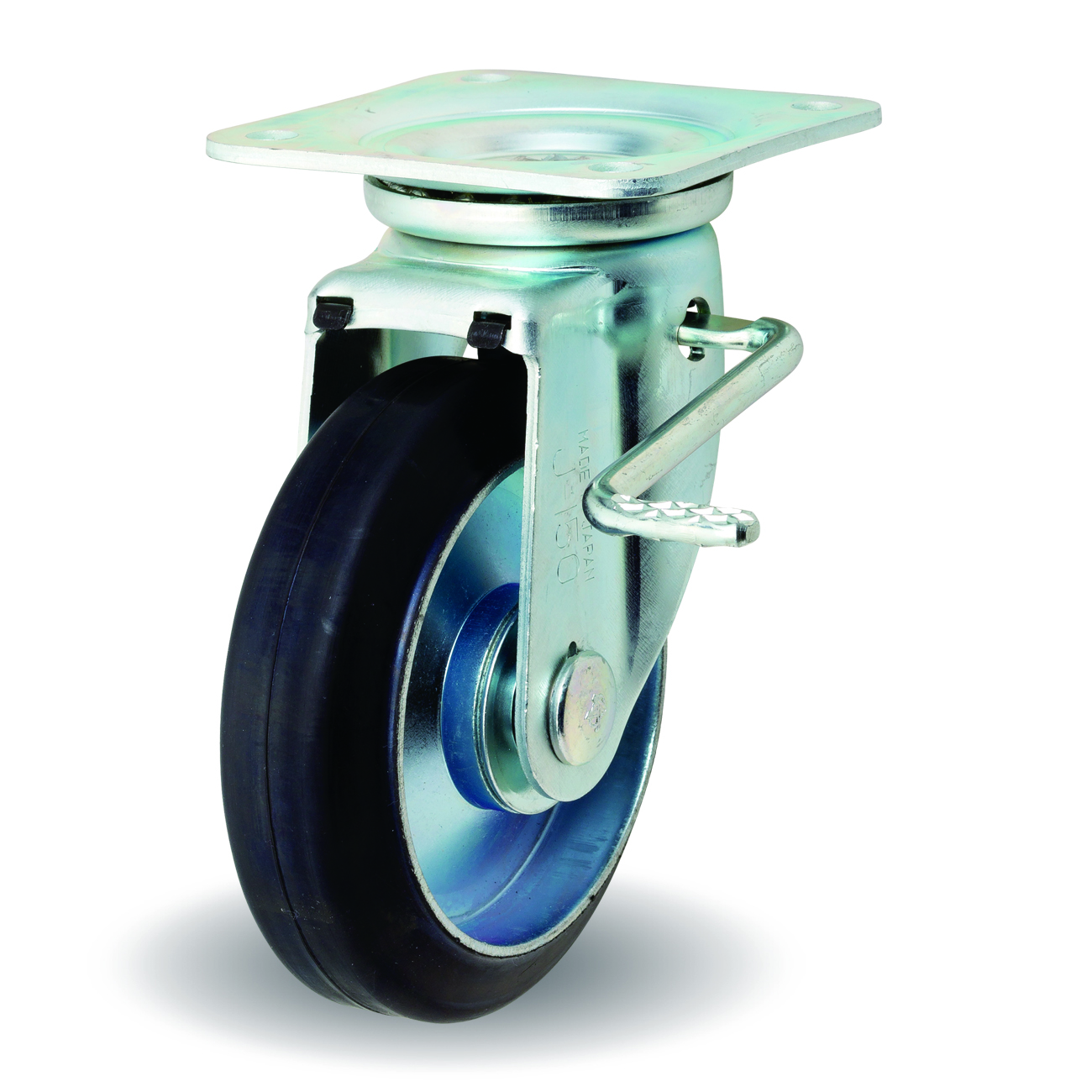 Casters - Rubber with steel swivel plate, integrated brake and bracket, JB, F/JB series.