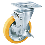 Casters - Urethane or synthetic rubber with rolled steel swivel plate, integrated brake, K-630JS series (With antistatic properties). K-630JS-75-R