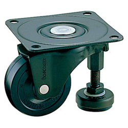 Casters - Synthetic rubber or nylon with swivel plate, integrated leveler, without brake, K-100AF series.
