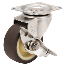 Casters - Rubber, nylon, urethane or phenol with stainless steel swivel plate, integrated brake, K-1315S series.