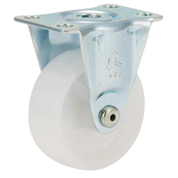Casters - Rubber, nylon or urethane with cold rolled steel fixed plate, without brake, K-420SR series (White color).