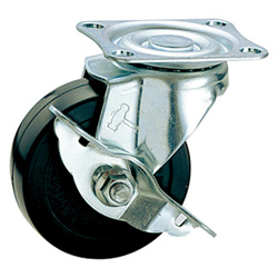Casters - Rubber, nylon or urethane with cold rolled steel swivel plate, integrated brake, K-413S series. K-413S-65-R
