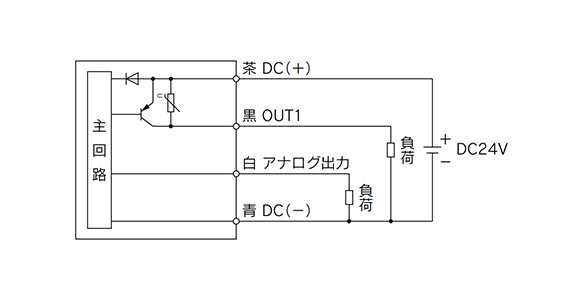 -E／F (E: PNP (1 output) + analog voltage output/F: Internal circuit and wiring example of PNP (1 output) + analog current output)