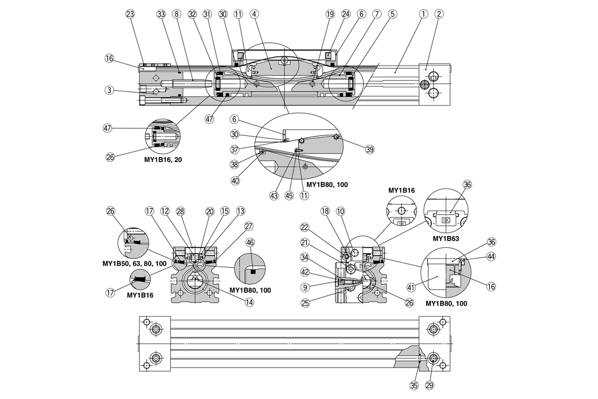 Structural drawing of MY1B16, MY1B20, MY1B50 to MY1B100