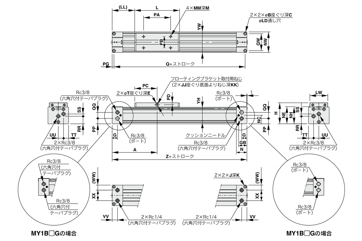 Dimensional drawing of MY1B50□/MY1B63□-Stroke