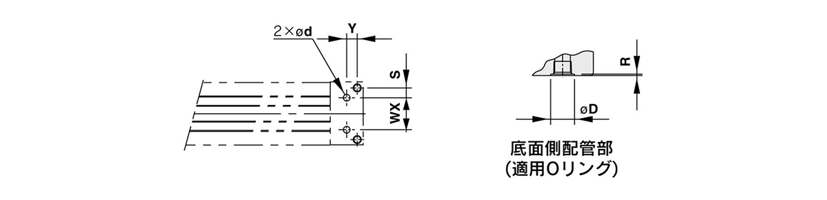 Dimensional drawing of piping hole for centralized bottom piping MY1B50□/MY1B63 (right: Bottom side piping (Applicable O-ring)