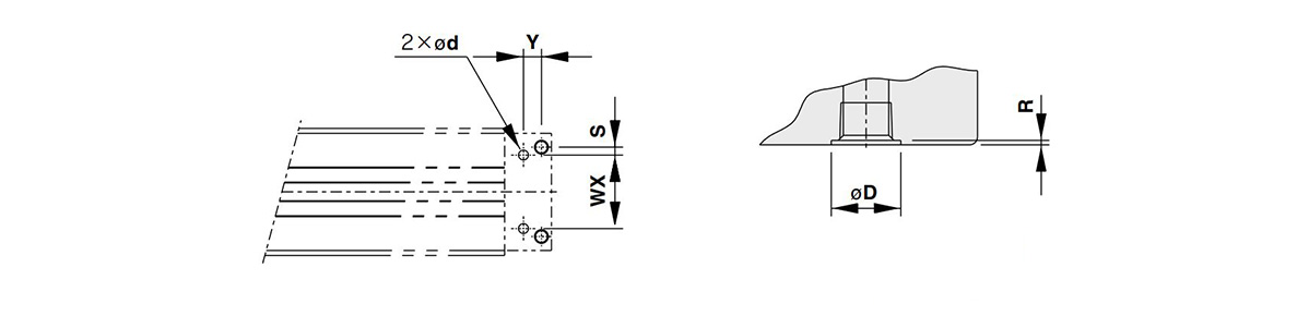 Piping hole dimensional drawing for centralized bottom piping of MY1C50□/MY1C5063□ (right: Bottom side (ZZ section) piping section (applicable O-ring)