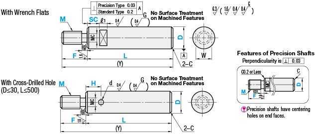 Ejes lineales de precisión - Un extremo roscado con socavado y llave plana - Tipo de precisión: Imagen relacionada
