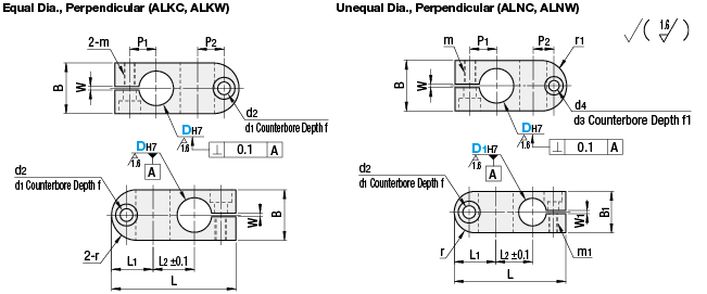 Abrazaderas de puntal compactas: configuración perpendicular, agujeros del eje del mismo diámetro, perno de sujeción simple: imagen relacionada