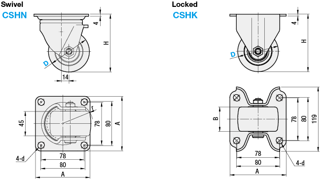 Rueda de nylon con freno y placa giratoria, Con cojinete liso, Para pesos  de hasta 150 kg y diámetros de 80, 100 y 125 mm