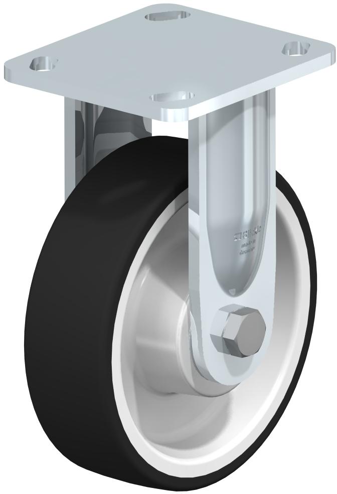 Ruedas industriales con placa superior para uso mediano: rígidas, con rodamiento de bolas, banda de rodadura de poliuretano termoplástico gris sobre rueda con núcleo de nailon blanco