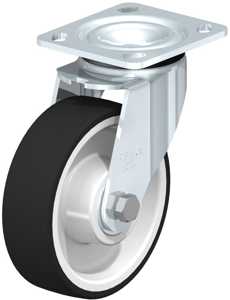 Ruedas industriales con placa superior para uso mediano: giratorias, con cojinete de bolas, banda de rodadura de poliuretano termoplástico gris sobre rueda con núcleo de nailon blanco