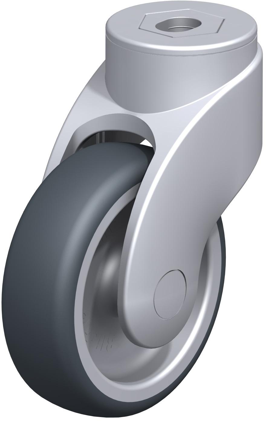 Ruedas serie Wave - Diseño de perno de montaje de 1/2&quot; con pivote hueco, cuerpo sintético, giratorias, orificio liso, banda de rodadura de caucho termoplástico gris sobre rueda con núcleo de polipropileno gris