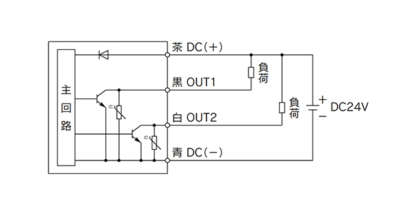 Ejemplo de circuito interno y cableado de -A (NPN [2 salidas])