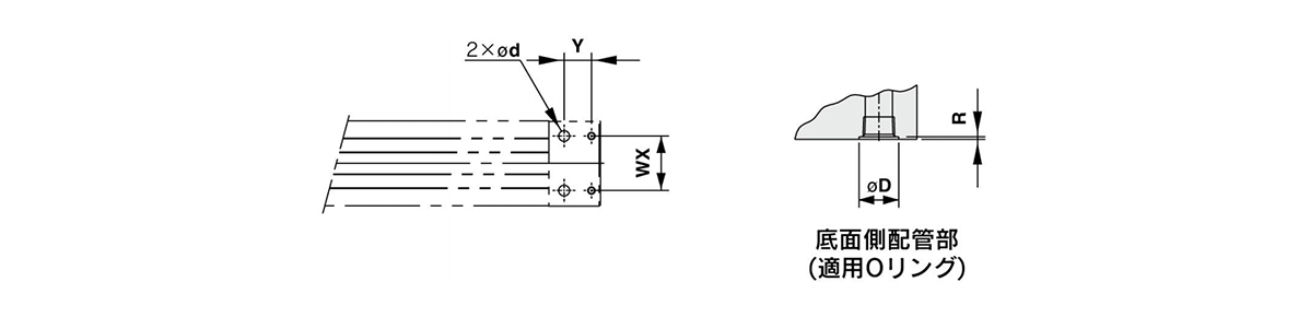 Plano de dimensiones del orificio de tubería MY1B80□ / MY1B100□ para tubería inferior centralizada (derecha: tubería lateral inferior (junta tórica aplicable)
