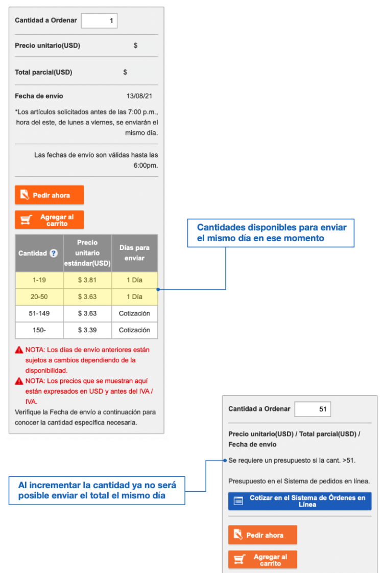 El tiempo para envío puede variar según la cantidad de producto